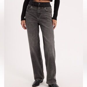 Express High Waisted Black Wash Contrast Waistband Relaxed Straight Leg Jenas